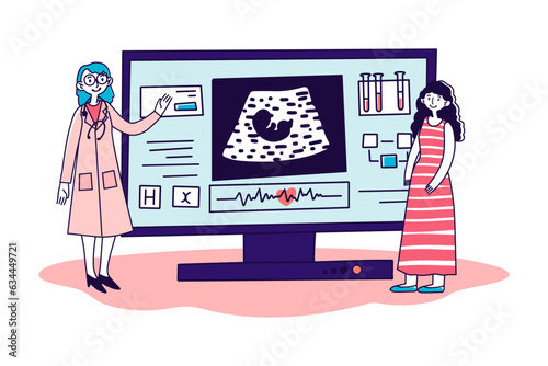 Tiny doctor and pregnant woman next to ultrasound screen. Detection of fetal abnormalities, future mother looking at fetus vector illustration. Pregnancy, motherhood, health, medicine concept