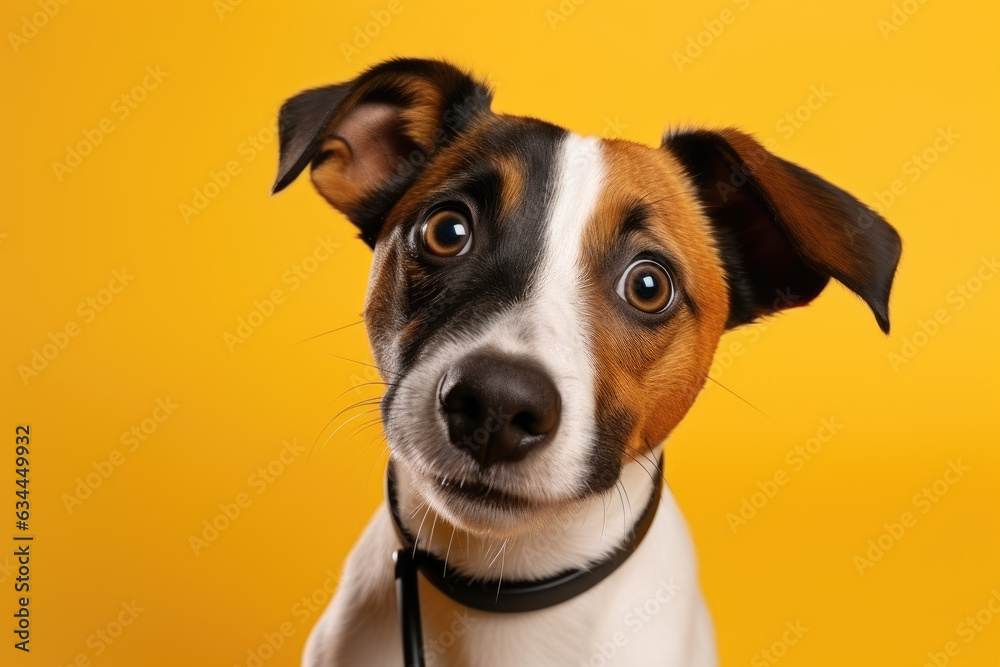 Beautiful Jack Russell terrier dog with collar looking direct. Curious interested puppy isolated of yellow background Beautiful Jack Russell terrier dog with collar looking direct. Curious interested puppy isolated of yellow background