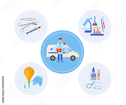 Ambulance car and medical equipment vector illustration. Doctor using stethoscope, blood sample, plaster, syringe, thermometer and gloves for first aid. Health care, medicine tools concept