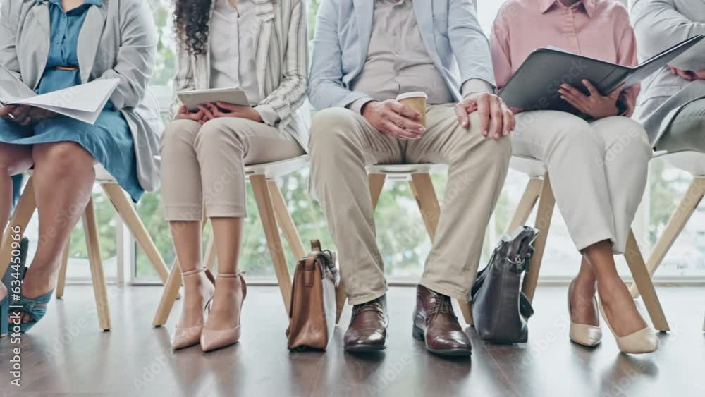 Legs, workers and waiting room for hiring, recruitment or job opportunity. Group, human resources and business people in line for onboarding, hr or career interview for employment in corporate office