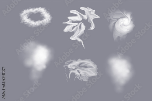 Different shapes of steam or vapor vector illustrations set. Collection of cartoon drawings of white or transparent hot vapour, fog or mist effect on grey background. Weather, smoking, effects concept