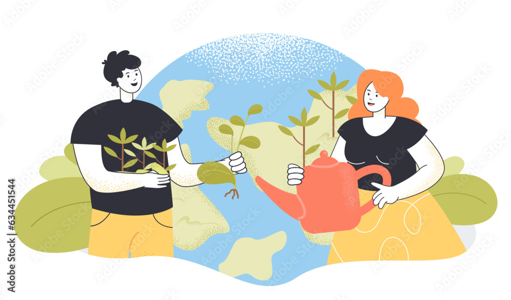 Man and woman with plants and watering can vector illustration. Drawing of activists planting and watering trees, protection or conservation of environment. Deforestation, ecology, nature concept
