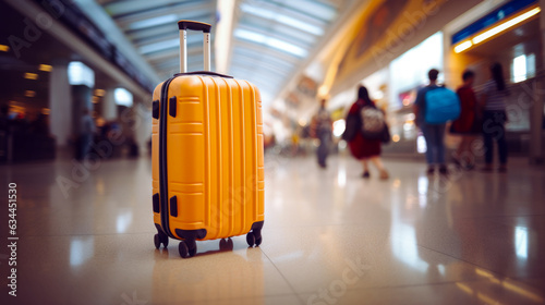 Orange suitcase in airport. Luggage in therminal. Case with wheels and handle.