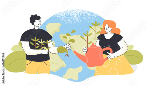 Man and woman with plants and watering can vector illustration. Drawing of activists planting and watering trees  protection or conservation of environment. Deforestation  ecology  nature concept