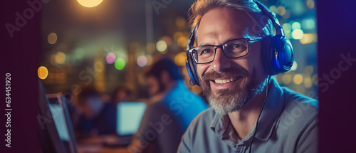 portrait call center man wearing headphone smiled working with staffs people generative ai