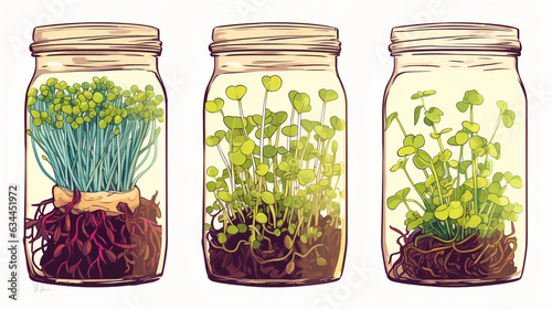 Growth process of microgreens, from seeds to sprouts, time - lapse style illustration, infographic, educational, clear labels, simple, colorful, hand - drawn style