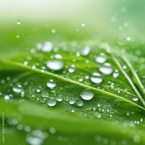 Tiny water drops on a leaf isolated on the grass background, macro realism, realistic photography, intricate environment, leaf with drops
