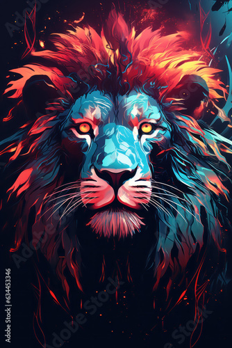 Lion King abstract art neon lights cyberpunk style intense gradient light colors made with generative AI