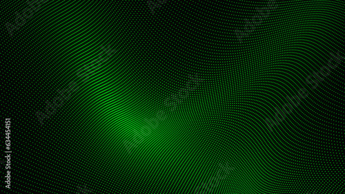 Abstract background with wavy surface made of green dots on black. Grunge halftone background with dots. Abstract digital wave of particles. Futuristic point wave. Technology background vector