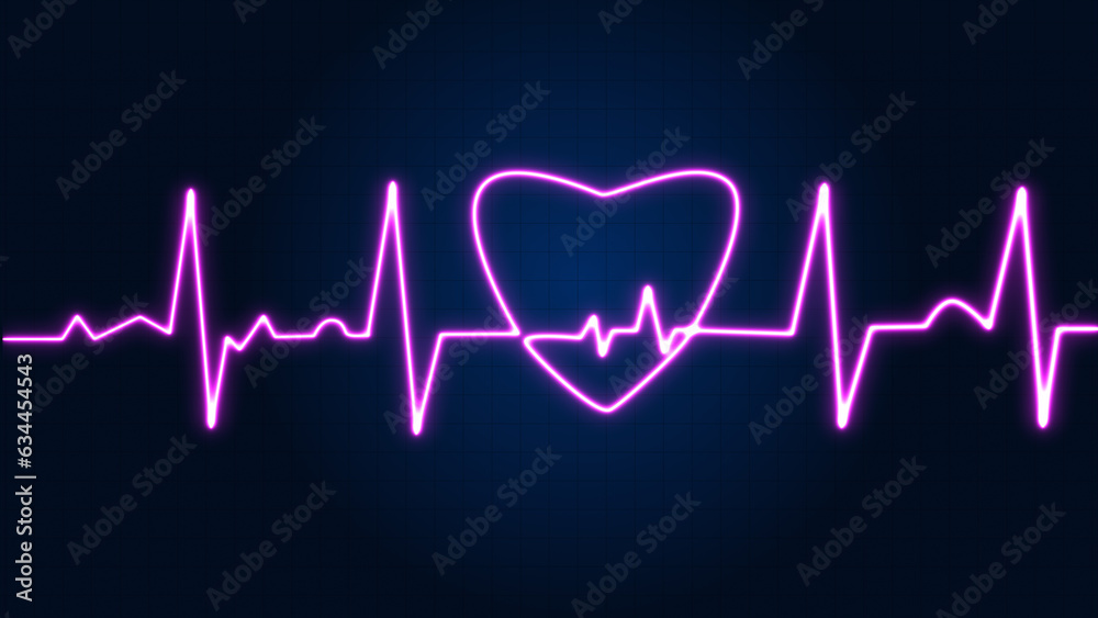 Bright purple neon heartbeat with love shaped isolated on grid background. Medical concept and ecg pulse line graph