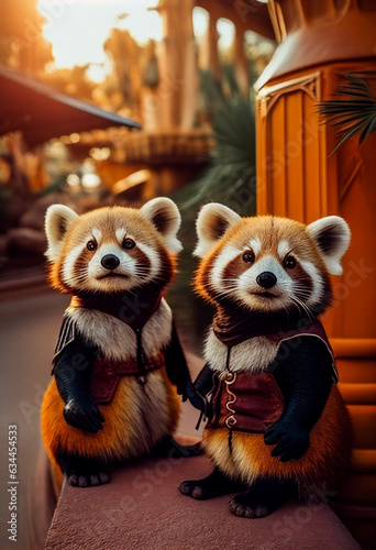 Cute red pandas on the background of Disneyland. AI Generated