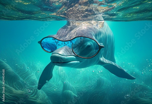 Dolphin swims with goggles. AI Generated ©  iiulia