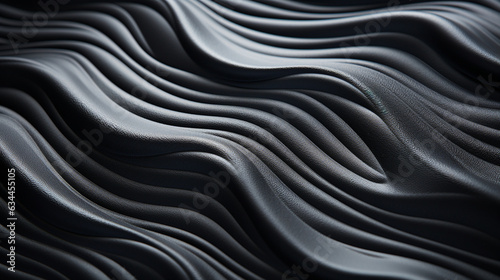 A high-quality photograph depicting the close-up view of a naturally vibrant black leather surface with distinct flexes and dark wave-like patterns in the background. In other word