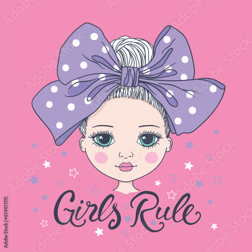 Cute girl. Girls Rule slogan text