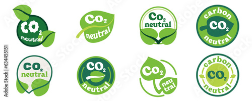 co2 neutral green logo set with leaves. Eco friendly sigh, carbon decrease, package icon concept. Stock vector illustration in flat style.