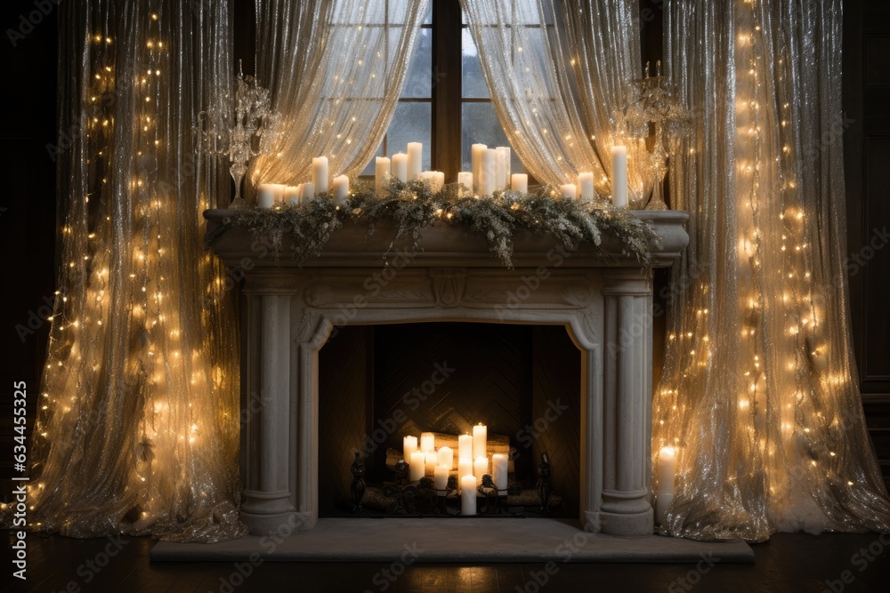 tinsel draped gracefully across a fireplace mantel fireplace with christmas decorations