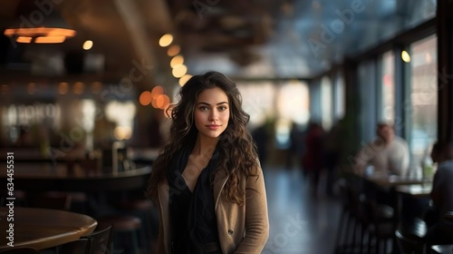 Young Woman with brown Hair standing in a Restaurant