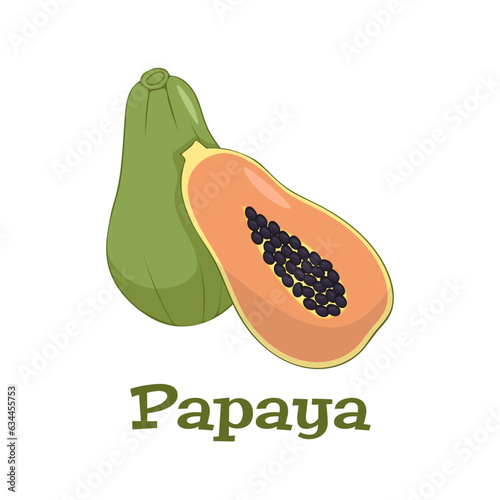 Summer fruits for healthy lifestyle. Papaya, whole fruit and half Vector illustration isolated on white.