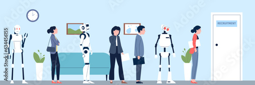 Robot and people waiting job interview in office. Robots vs human workers, digital technology progress. Competition with android recent vector concept