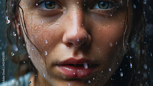 Close-up of a pensive white female's face, soaked in raindrops, evoking a sense of dramatic beauty. The wet texture highlights her expressions, capturing a raw and intimate moment.