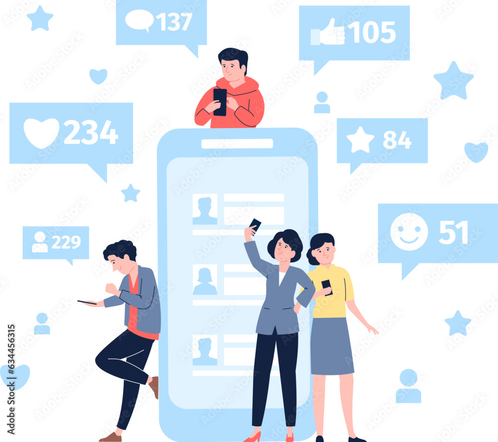 Likes, comments and confession in social media addiction. Rating and comment, people doing selfie and writing reviews in internet, recent vector scene Likes, comments and confession in social media addiction. Rating and comment, people doing selfie and writing reviews in internet, recent vector scene