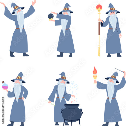 Magic character, old wizard cartoon set. Sorcerer action, medieval magician man in costume. Cute wise male with beard recent vector clipart