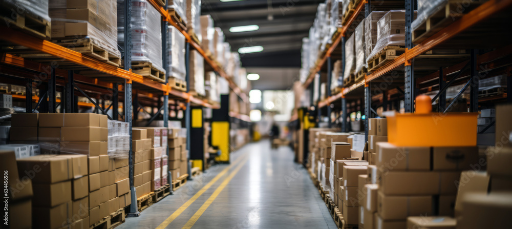 An empty warehouse aisle with neatly organized shelves filled with boxes, and a forklift standing by. A scene devoid of workers, highlighting efficiency and readiness.