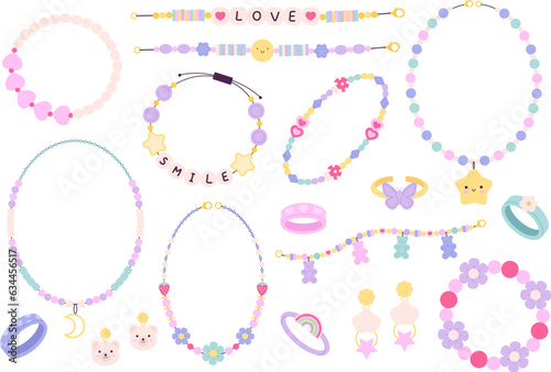 Hippy plastic beads, bracelets friendship. Diy bracelet and kids accessories. Craft handmade necklace, fashion children rings racy vector set