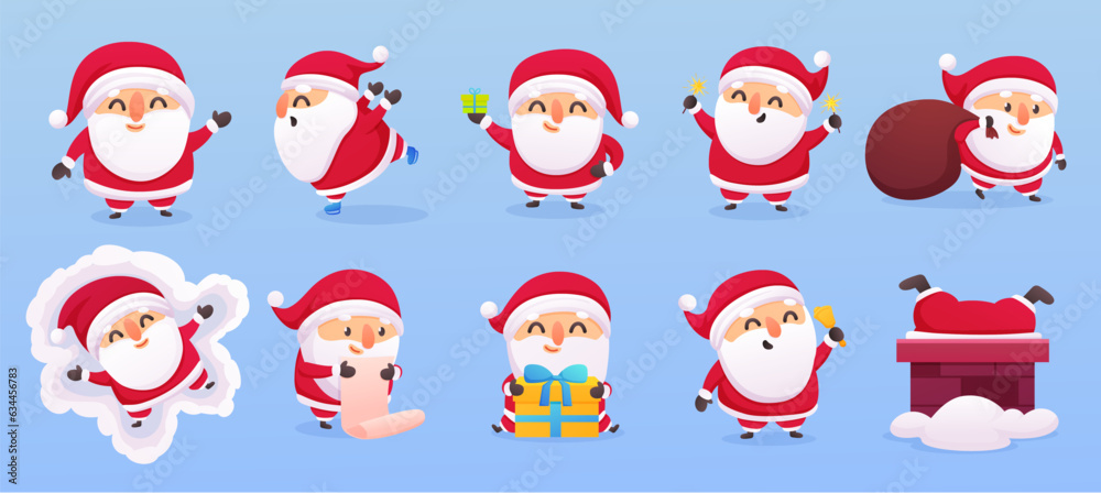 Cartoon santa claus, happy smiling santas collection. Christmas characters, funny winter holidays celebrating, new year nowaday vector set