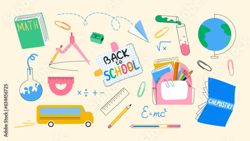 School supplies and stationery set. Math and Chemistry books, writing tools, pencil, pen, rulers, school bus, backpack. Education, back to school concept. Vector illustration isolated on background