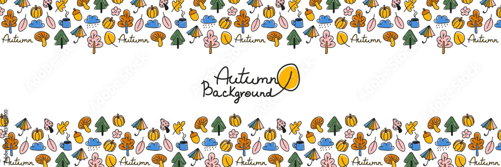 Fototapeta premium Autumn doodle background. Naive childish fall symbols, leaves, mushrooms, cloud, umbrella, trees, pumpkin, acorn. Abstract season frame, banner template. Vector illustration isolated on white