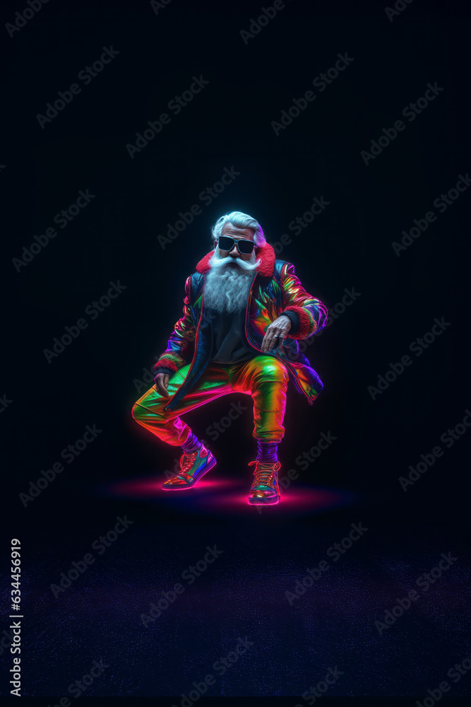 Trendy Santa Claus in fluorescent clothes illuminated by neon lights on a dark background. Concept of Christmas and New Year celebration and party, Luminous colors. 