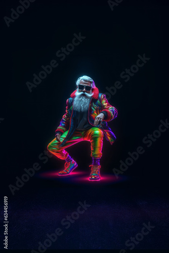 Trendy Santa Claus in fluorescent clothes illuminated by neon lights on a dark background. Concept of Christmas and New Year celebration and party, Luminous colors.  © lagano