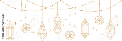 Muslim festive banner. Arabian lantern and floral stars, moon on string. Decoration lamps, graphic invitation islam design. Ornate racy vector background