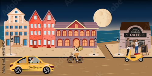 courier delivers a parcel on a bicycle,courier carrying a parcel with a backpack, the courier carries  the order to the customer,a parcel on a moped, package in the yellow car,moon, overnight delivery
