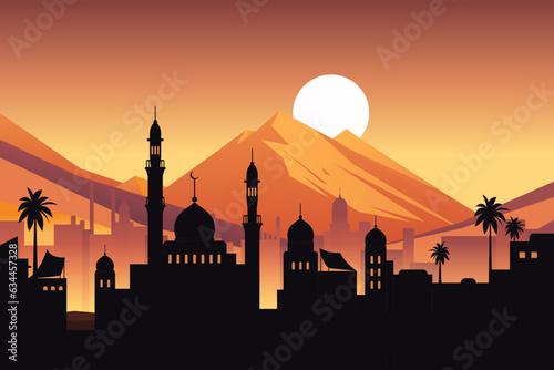 Night city buildings. Mosque and house silhouettes. Old arabian cityscape. Sunset town scenery. Sundown mountains. Arab evening. Scenic sky. Vector urban panorama background illustration