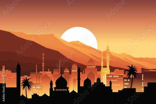 Night city buildings. Mosque and house silhouettes. Old arabian cityscape. Sunset town scenery. Sundown mountains. Arab evening. Scenic sky. Vector urban panorama background illustration