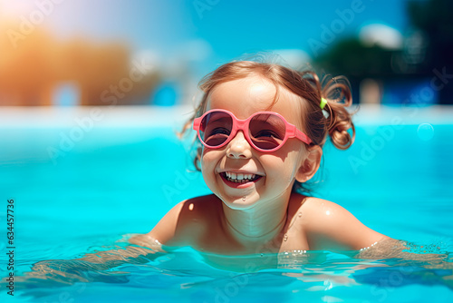 Smiling cute girl in sunglasses in the pool on a sunny day © Александр Марченко