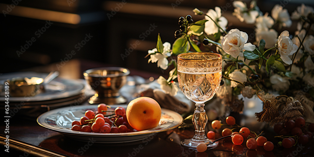 Elegant table setting with candles in restaurant. Selective focus. Romantic dinner setting with beautyful flowers and wineglasses on table in restaurant.