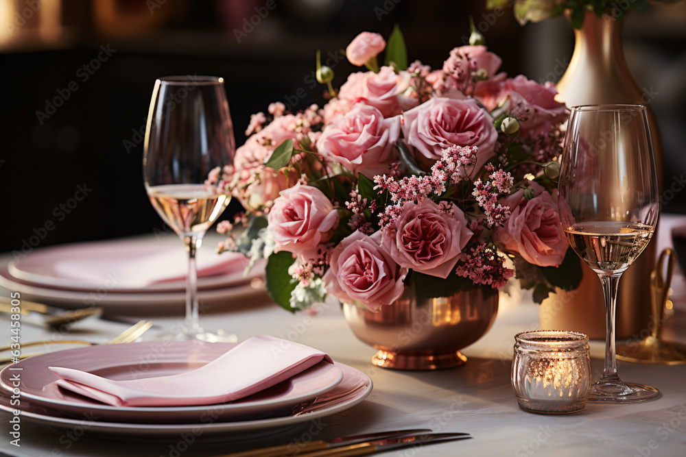 Beautiful table setting with flowers in vase on table in restaurant. Elegant table setting with beautyful flowers, candles and wine glasses in restaurant.