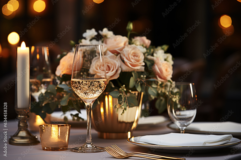 Beautiful table setting with flowers in vase on table in restaurant. Elegant table setting with beautyful flowers, candles and wine glasses in restaurant. Beautiful table setting with flowers in vase on table in restaurant. Elegant table setting with beautyful flowers, candles and wine glasses in restaurant.
