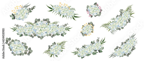 Collection of floral vector compositions on white background. White-blue hydrangea, gypsophila, different green plants and leaves, eucalyptus . Vector illustration
