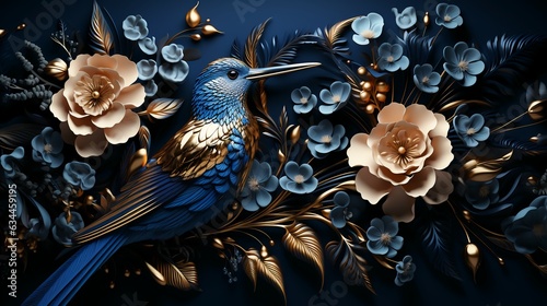 Bird and flowers background, ornamental jewel style relief. © Azura Yeray 