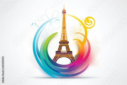 Tour Eiffel symbol design postcard Olympic games, white background. Generative AI