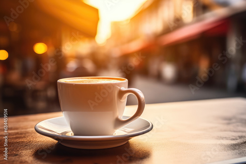 Morning coffe. White cup of coffee on table in outdoors cafe with blurred city street background