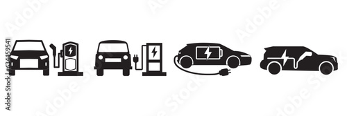 EV charging station flat icon set. Electric vehicle symbol. Place to charge battery of electromobile. Charging Station Related Flat vector Icons set. Contains such Icons as Electric socket station.