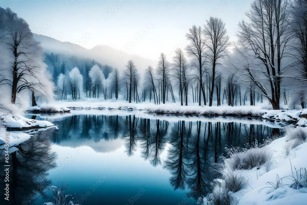 majestic foggy morning view over the mountains and lake in winter season ai generated  