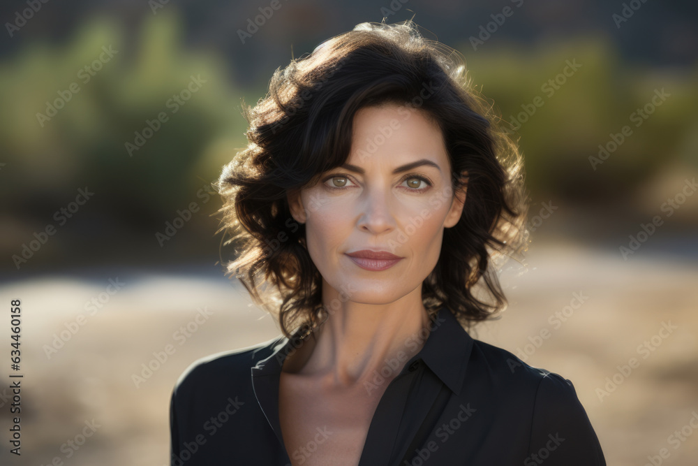 Beautiful hispanic middle age woman outdoors. Portrait of attractive, dark-haired, brunette woman on sunny day in nature Beautiful hispanic middle age woman outdoors. Portrait of attractive, dark-haired, brunette woman on sunny day in nature