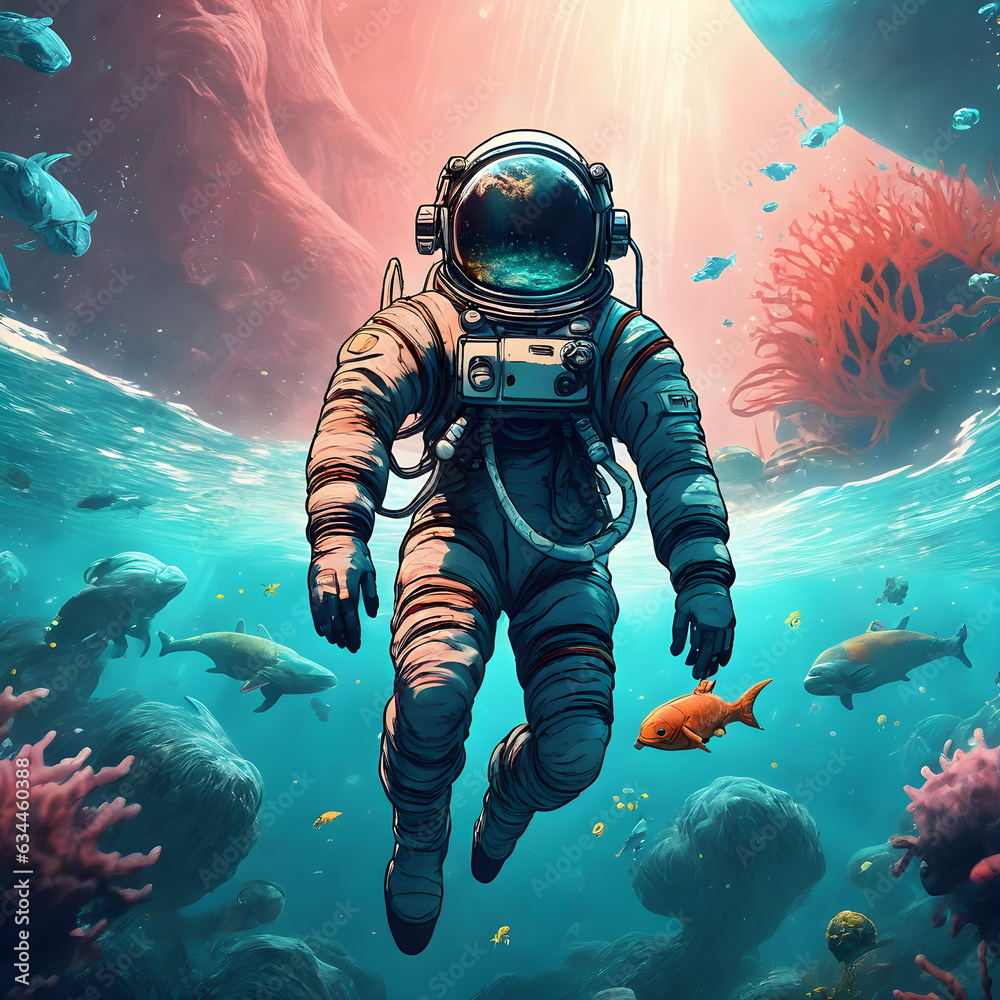 Fototapeta premium Astronaut in underwater world. 3D illustration. Elements of this image furnished by NASA. Generative AI