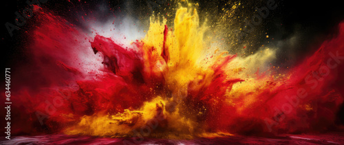 Red and yellow colored powder explosions on black background. Holi paint powder splash in colors of Spanish flag
